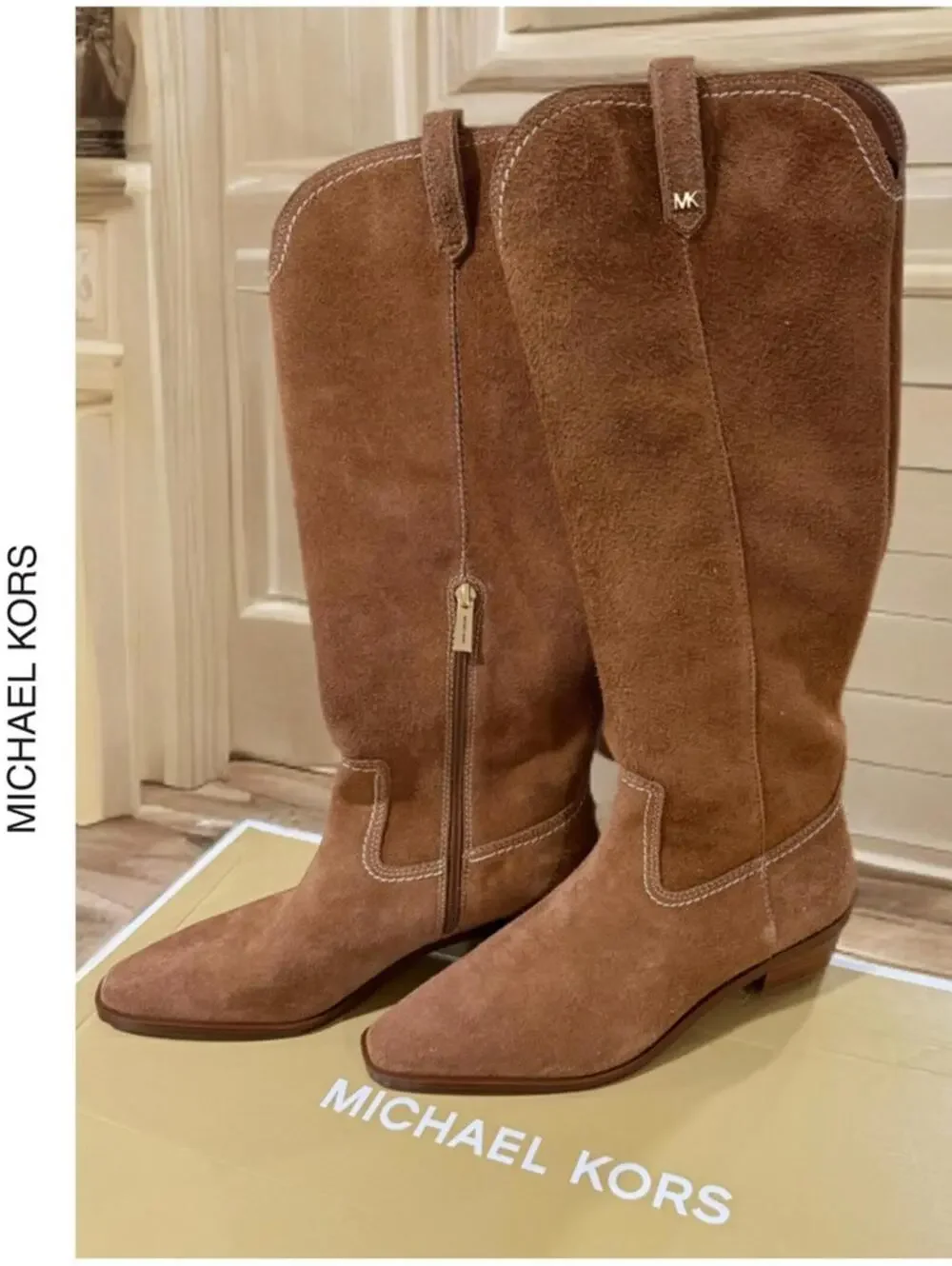 NIB MICHAEL KORS Knee High Boho Western Cowgirl Suede Tan Riding Boots SZ 9.5